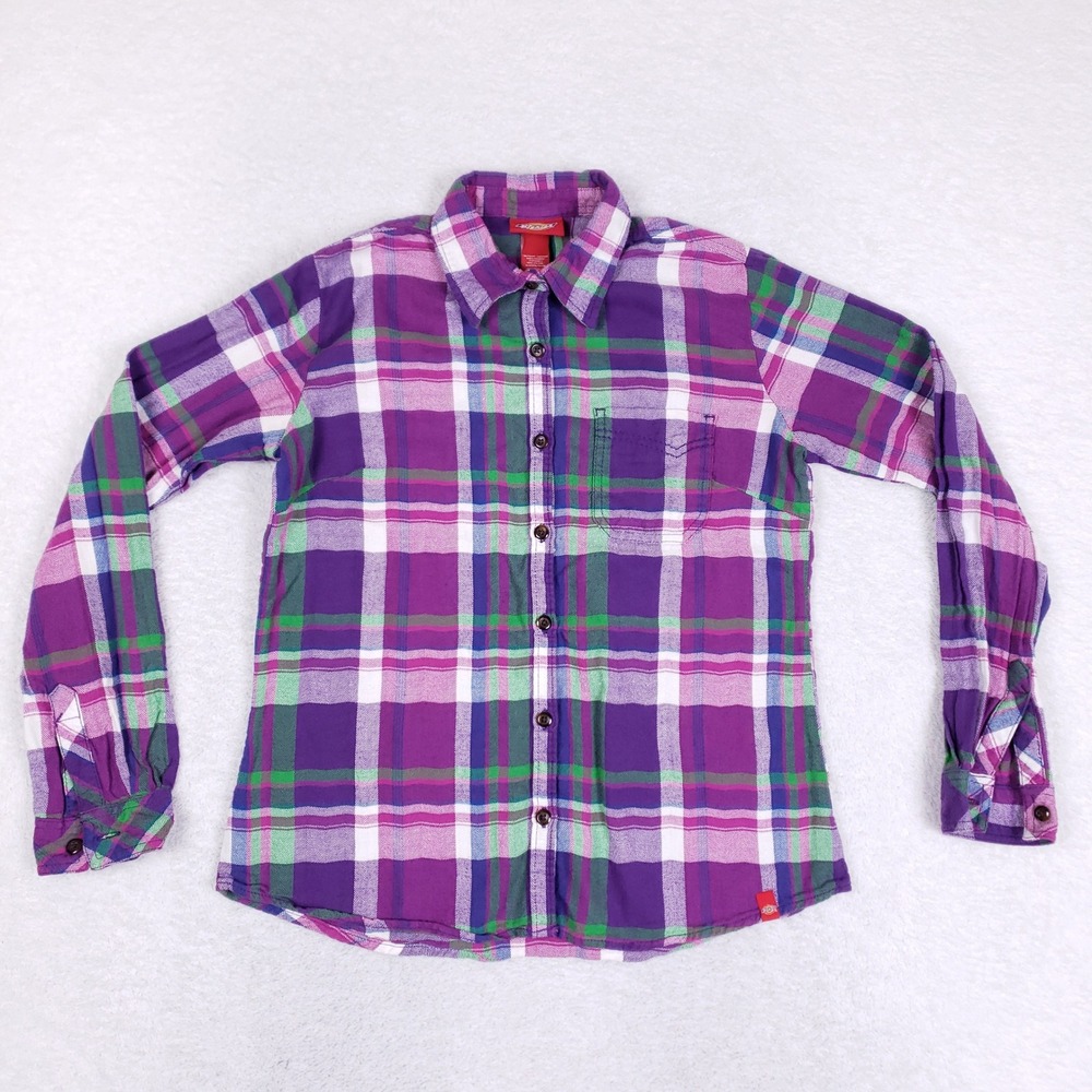 Dickies Plaid Button Up Shirt Womens S Purple Green Flannel Skate Goth Grunge